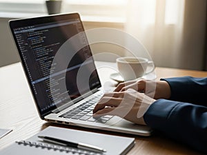 Person coding on laptop with coffee