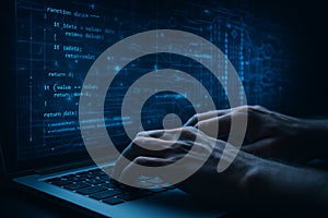 Coding on laptop for software development and cybersecurity with programming code and data analysis