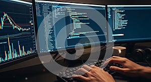 Person coding on multiple monitors displaying data charts and programming code at desk