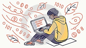 Person Coding and Programming on Laptop with Binary, vector design Generative AI