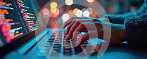 Person coding, typing on laptop at night. Website content management system, modern software programming code on display.