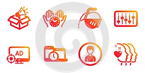 Person, Coffee pot and Dj controller icons set. Time management, Megaphone box and Seo adblock signs. Vector