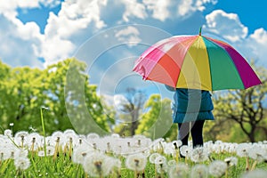 person with colorful umbrella in a dandelion field