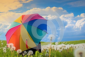 person with colorful umbrella in a dandelion field