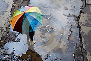 person with colorful umbrella standing by a large puddle