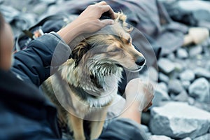 a person comforting a shivering dog amidst aftershocks