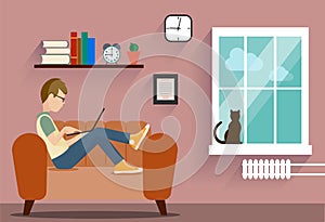 Person at the computer in a house situation an illustration