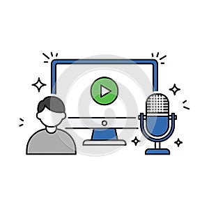 Person computer microphone and play button isolated on white background