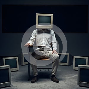 A person with a computer monitor for a head sits in a classroom surrounded by old screens, symbolizing digital information photo