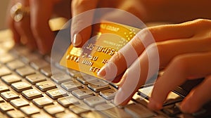 A person conducting an online banking transaction using a credit card and a laptop, in a cozy cafe setting