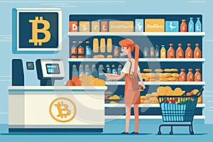 person, confidently making purchase with bitcoin, for products or services