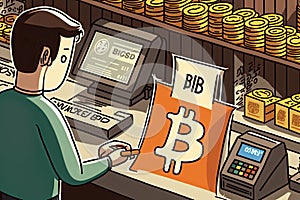 person, confidently making purchase with bitcoin, for products or services