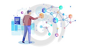 Person Connecting Data Points, Network & Information Flow, vector design Generative AI