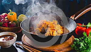 A person is cooking chicken in a deep fry pan on a stove