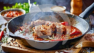 A person is cooking chicken in a pan on a stove