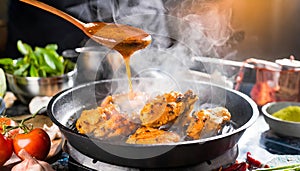 A person is cooking chicken in a pan on a stove