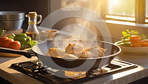 A person is cooking chicken in a pan on a stove