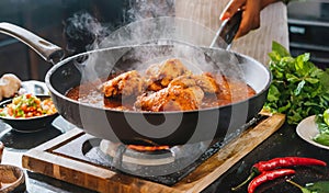 A person is cooking chicken in a pan on a stove