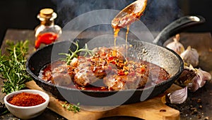 A person is cooking chicken in a pan on a stove