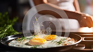 A person is cooking eggs in a pan, AI