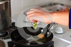 Person cooking eggs in a pan