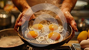 Person cooking eggs in a pan.