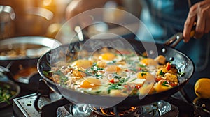 A person cooking eggs in a skillet on top of an open flame, AI