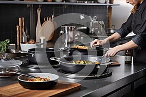 person, cooking fusion dish in kitchen, with pots and pans visible