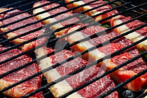 Person cooking raw steaks on a barbecue grill