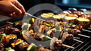 a person cooking skewers of food on a grill