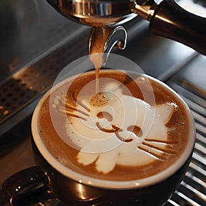 Person creating latte art with animal patterns in a coffee cup, AI-generated. photo