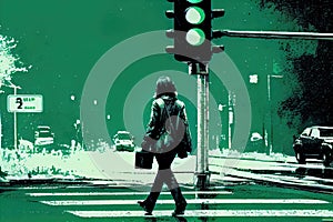 person, crossing green light, on their way to work or school