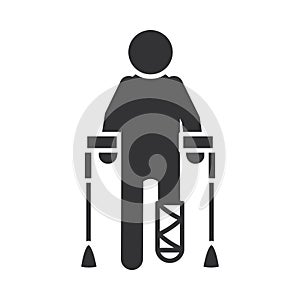 Person with crutches and leg cast, world disability day, silhouette icon design