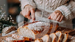 A person cutting bread with a knife on top of wooden board, AI