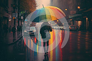 person, dashing through rainy streets, with rainbow umbrella and soggy surroundings