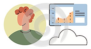 Person with data chart and cloud, representing data analysis and cloud storage concepts