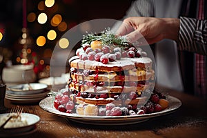 A person decorating a cake on a table