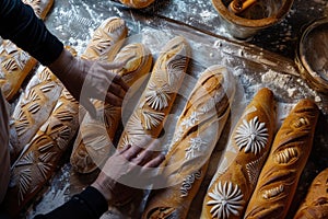 A person delicately exploring the texture of bread on a table, feeling the softness and freshness of the dough with