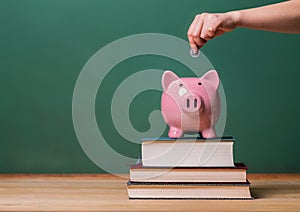 Persona ahorro dinero en pequeno cerdo Banco sobre el de libros 