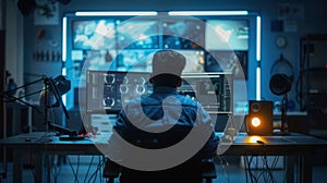 The coder at modern workstation. AI generated