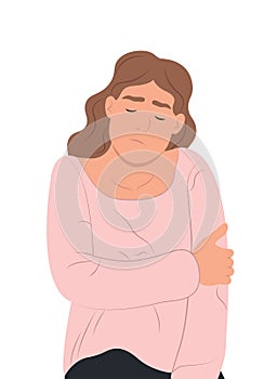 Person in despair, grief. Young girl with unhappy upset facial expression, desperate negative emotions. Flat vector illustration