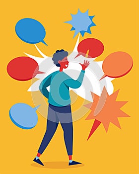 A person desperately trying to pop each speech bubble but with every one that bursts two more take its place.. Vector photo