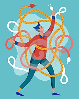 A person desperately trying to untangle themselves from a web of interconnected stress chains.. Vector illustration. photo
