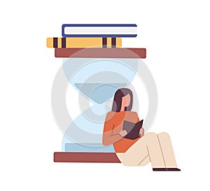 Person developing skill of speed-reading. Scene with woman sitting with book near hourglasses. Colored flat vector