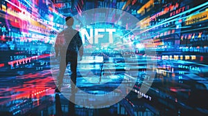 Person in digital world of NFT, modern token on cyber tech abstract background. Theme of blockchain, non-fungible, crypto art,
