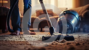 A person diligently vacuuming a heavily soiled carpet, visible dirt particles being sucked up, AI generated