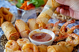 a person dipping a spring roll into sauce on a table with egg rolls and fried shrimp