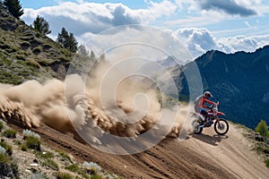 person on a dirt bike kicking up dust on a mountain trail