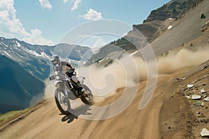 person on a dirt bike kicking up dust on a mountain trail