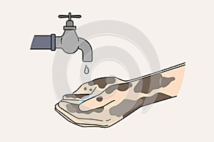 Person with dirty hands wait for tap water